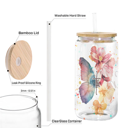 Teesdily | Customized Jesus Floral Butterfly Frosted Can, Faith Glass Can With Straw, Jesus Lover Gifts, Inspirational Gifts For Women