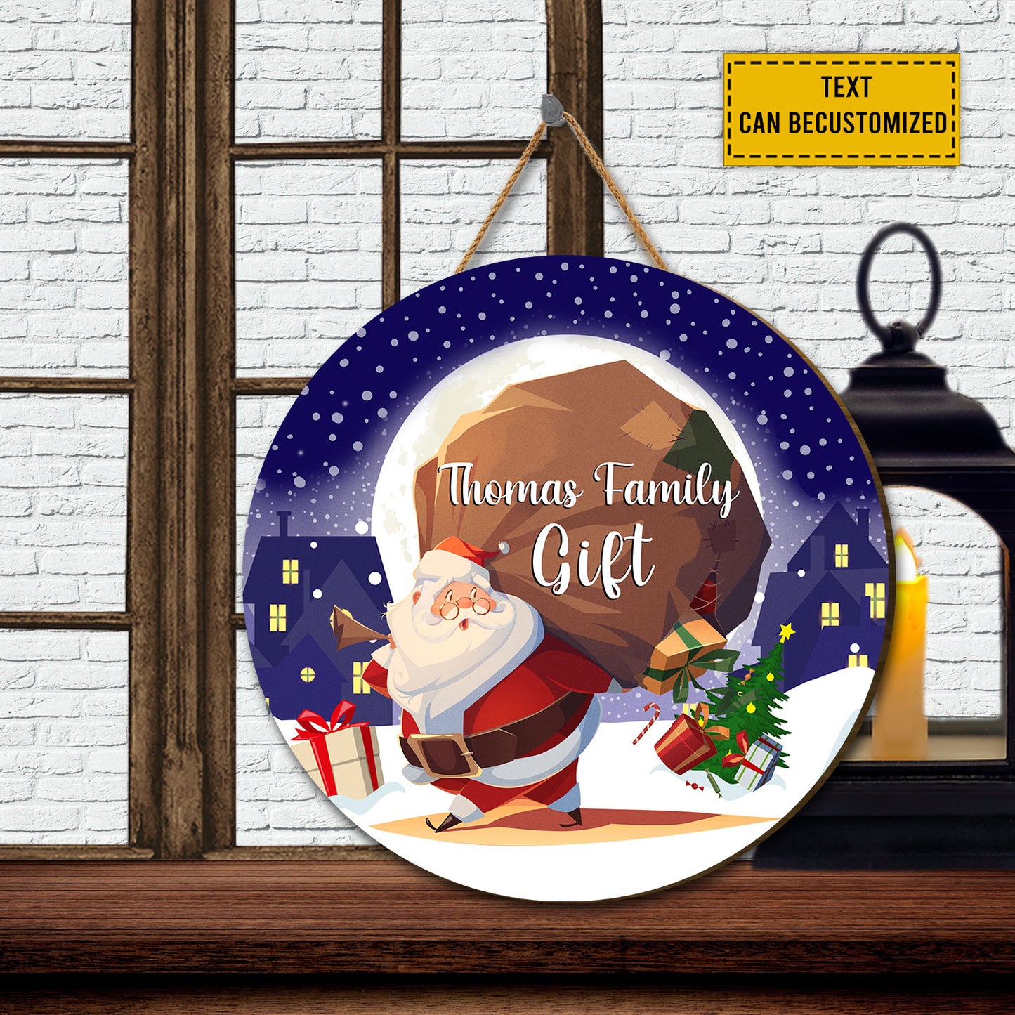 Teesdily | Customized Santa Claus Round Wood Sign Merry Christmas Home Decoration Wood Sign Christmas Gift Front Door Welcome Personalized Gift