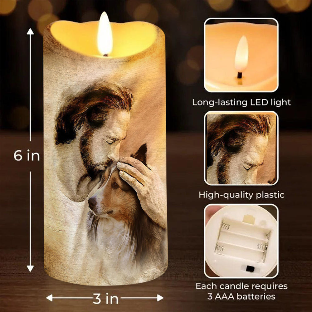 Teesdily | Customized Jesus With Dogs Memorial Led Candle, Pet Sympathy Gift, Dog Mom Gift, Memorial Dog Led Candle