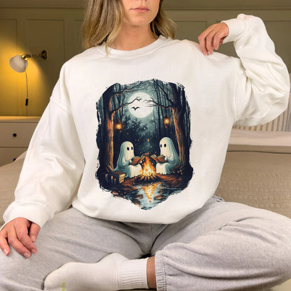 Teesdily | Camping Halloween Ghost Reading Book Shirt, Halloween Costume, Spooky Season Sweatshirt, Ghost Camping Hoodie Mug, Women Fall Gifts