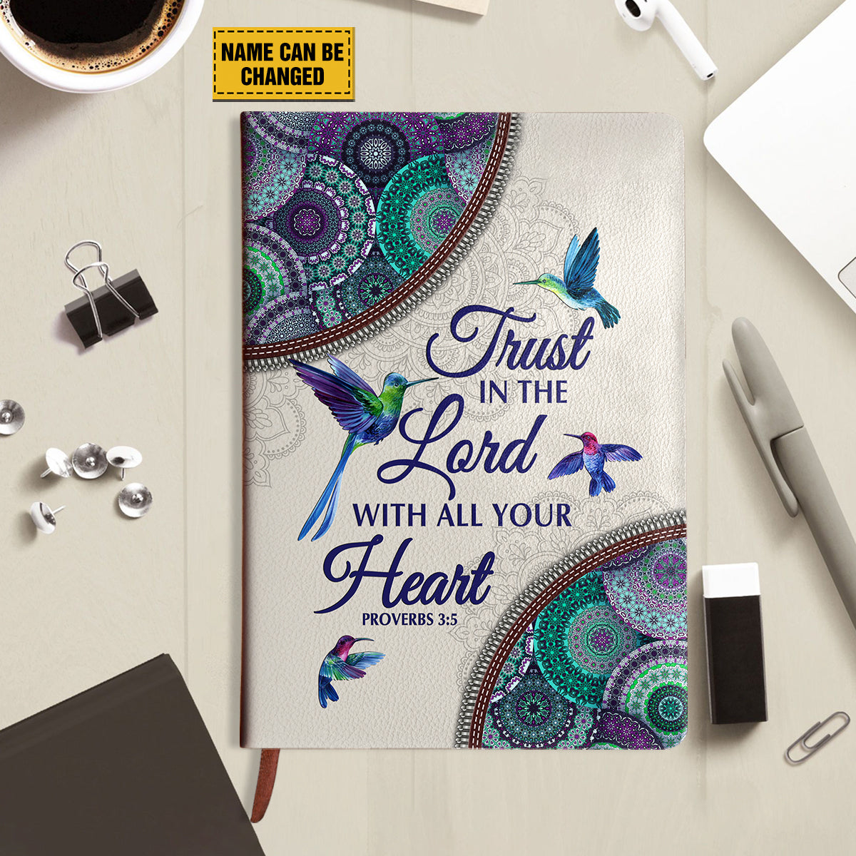 Teesdily | Customized Jesus Hummingbird Mandala Notebook, Trust In Lord With All Your Heart Notebook, Jesus Lover Gifts, Christian Leather Journal