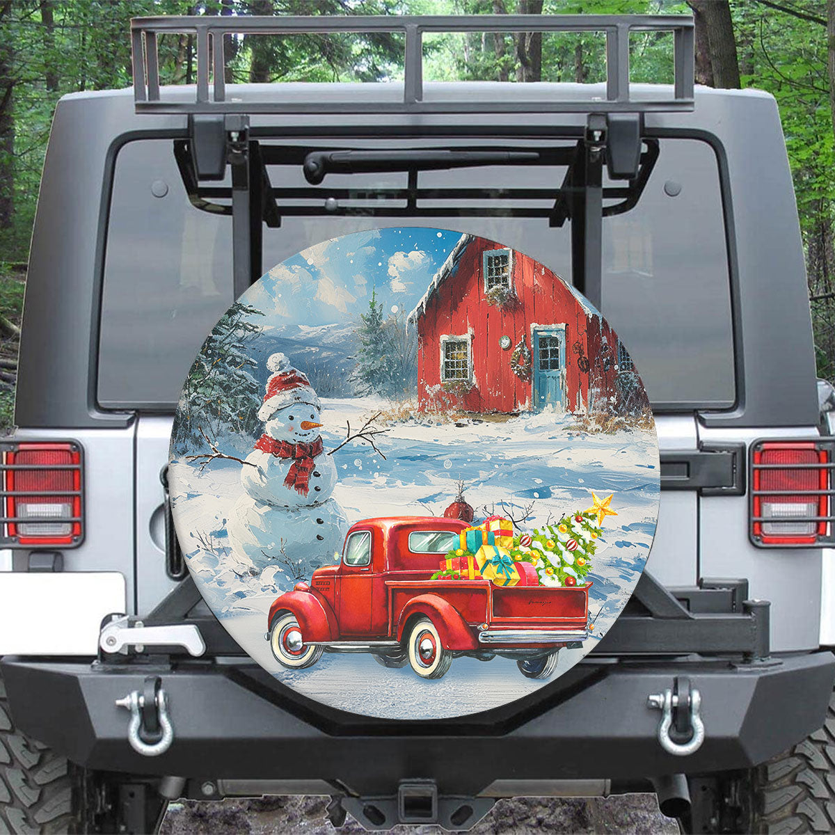 Teesdily | Vintage Red Truck Car Spare Tire Cover, Farmhouse Snowman Tire Protector, Christmas Tree Lights Wheel Cover, Car Accessories, Xmas Gift