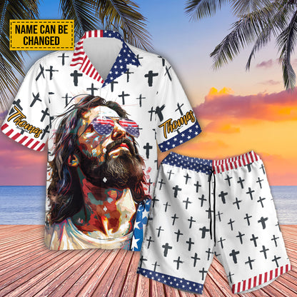 Teesdily | Custom Jesus Cross American Flag Hawaiian Shirt, God Sunglasses Summer Aloha Shirt, Cool Jesus Hawaii Set For Men, Independence Day Gifts