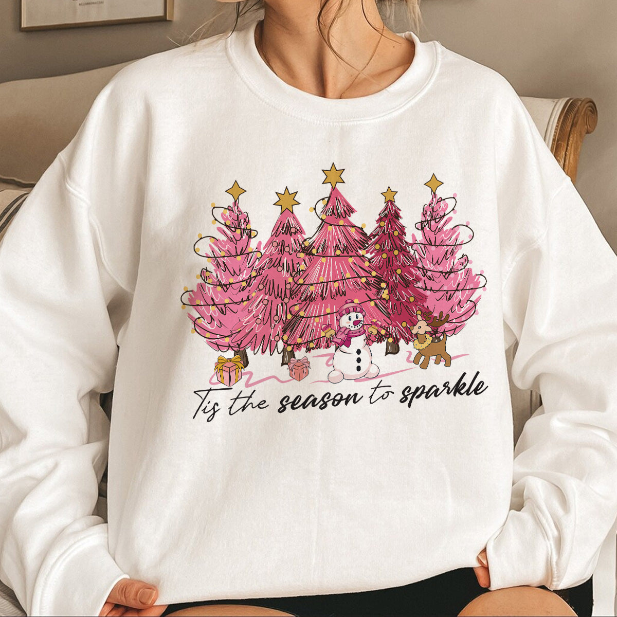 Teesdily | Pink Christmas Tree Snowman Christmas Shirt, Tis The Season To Sparkle Tee Sweatshirt Hoodie Mug, Christmas Gift