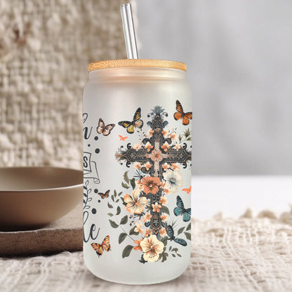 Teesdily | God Cross Flower Glass Can, Faith Does Not Make Things Easy It Makes Them Possible Cup, Jesus Gift, Frosted/ Clear Glass Can With Straw