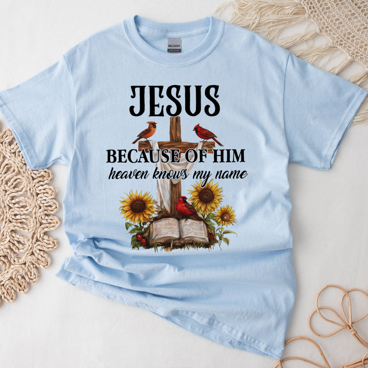 Teesdily | Jesus Christ Cardinal Shirt, Because Of Him Heavens Knows My Name Shirt, Christian Gift, God Believers Unisex Tshirt Hoodie Sweatshirt Mug