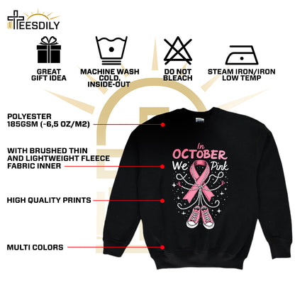 Teesdily | In October We Wear Pink Shirt, Pink Ribbon Shoe Sweatshirt, Breast Cancer Awareness Hoodie Mug, Support Warrior Halloween Gifts