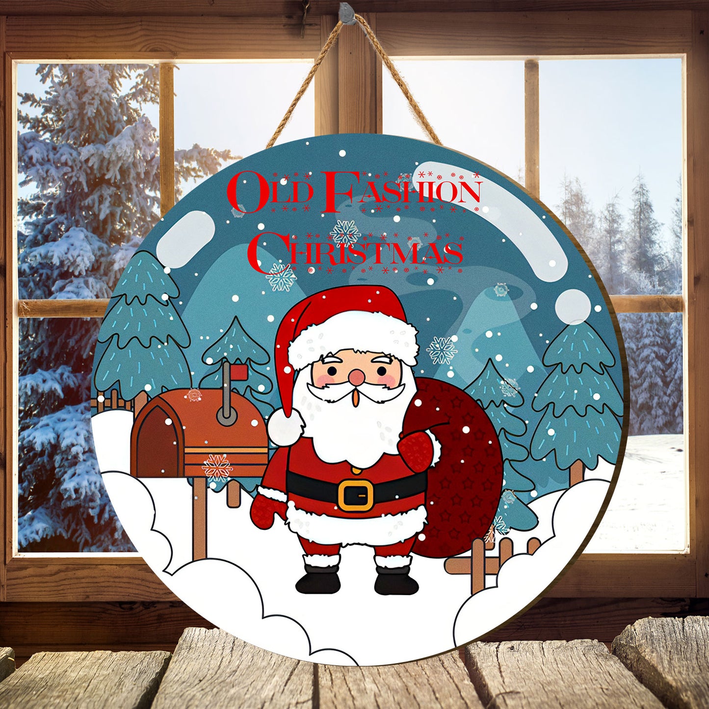 Teesdily | Customized Santa Claus Christmas Wood Sign Xmas Snowy Winter Front Door Sign Old Fashion Christmas Wood Sign Christmas House Warming Gifts