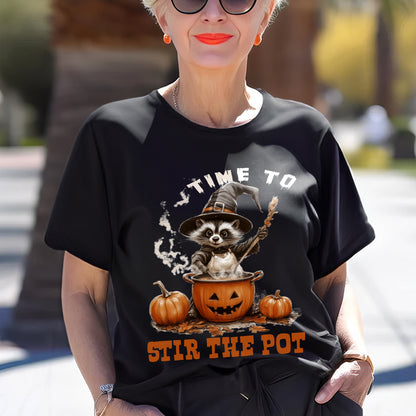 Teesdily | Time To Stir The Pot Witch Halloween Shirt, Funny Raccoon Witch Retro Halloween Sweatshirt, Spooky Season Hoodie Mug Gift