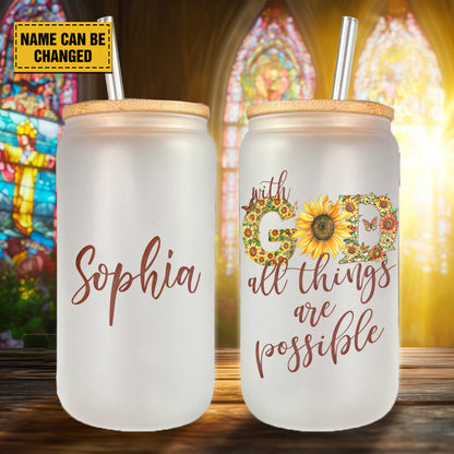 Teesdily | Customized Jesus Sunflower Glass Can With Straw, With God All Things Are Possible Mug Coffee, Christ Frosted Glass Can, Christian Art Gift