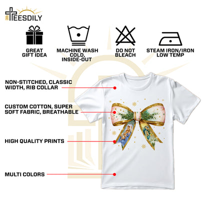 Teesdily | Jesus Christmas Coquette Bow Shirt, Christian Christmas Nativity Scene Sweatshirt, Bow Glitter Holy Family Hoodie Mug