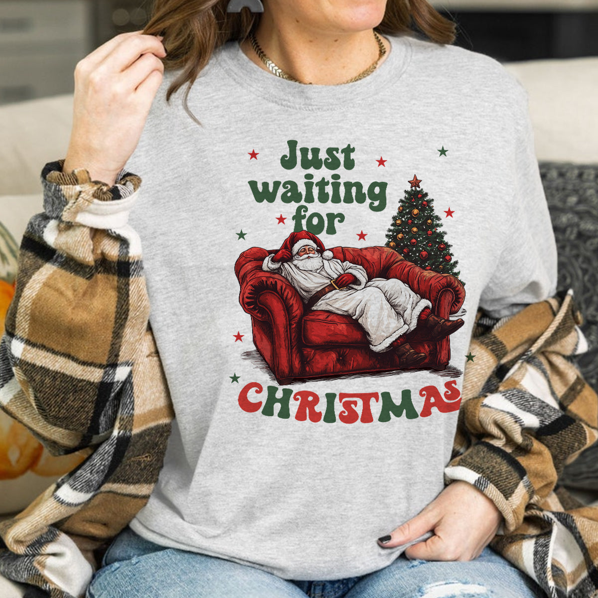 Teesdily | Just Waiting For Christmas Shirt, Santa Sofa Christmas Lights Tee 2024, Santa Claus Sweatshirt Hoodie Mug, Holiday Gift