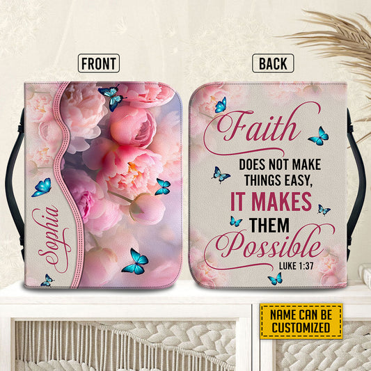 Teesdily | God Bible Verse Custom Bible Cover Peony Butterfly Bible Holder Faith Does Not Make Things Easy It Makes Theme Possible Christian Gift