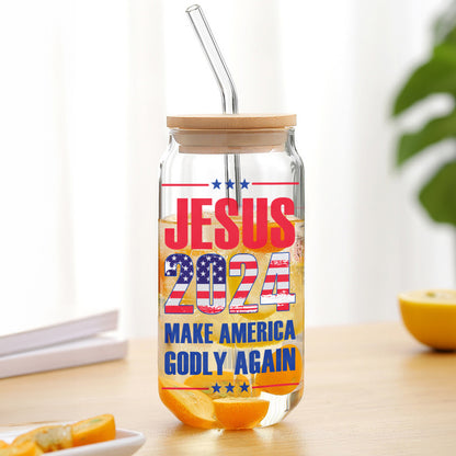 Teesdily | Jesus American Flag Glass Can, Jesus 2024 Make America Godly Again Coffee Cup, God Lovers Gifts, Frosted / Clear Glass Can With Straw