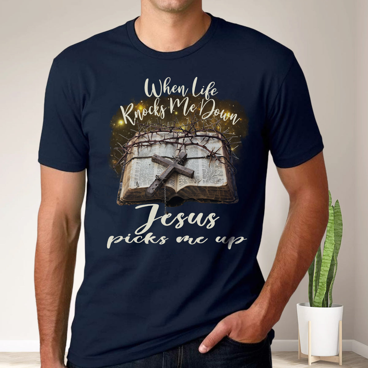 Teesdily | Jesus Cross Bible Book Shirt, When Life Knocks Me Down Jesus Picks Me Up, God Gift, Unisex Tshirt Hoodie Sweatshirt Mug