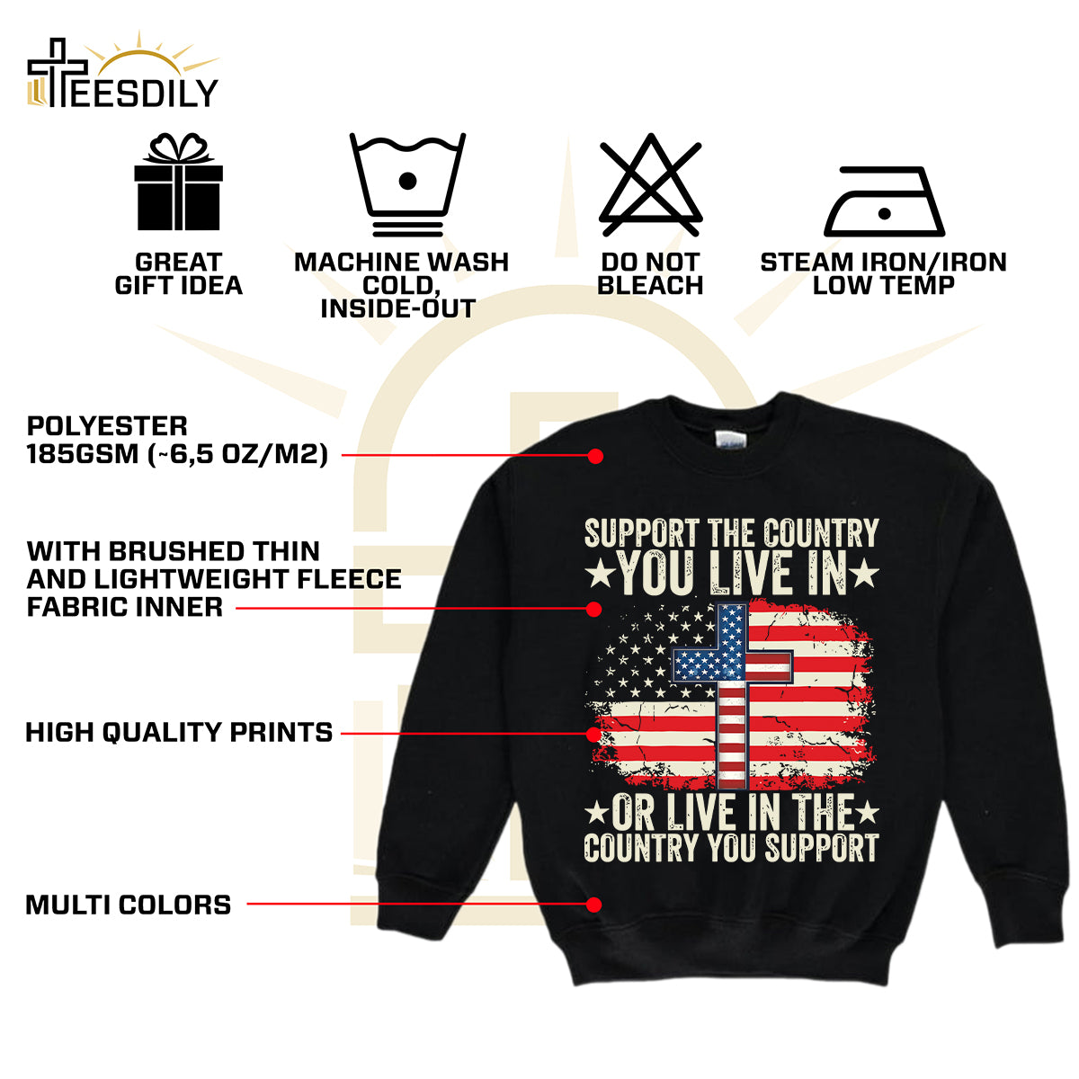 Teesdily | American Flag Jesus Cross Shirt, Support The Country You Live Tee Sweatshirt Hoodie Mug, Jesus Lovers Gifts, Patriotism Shirt