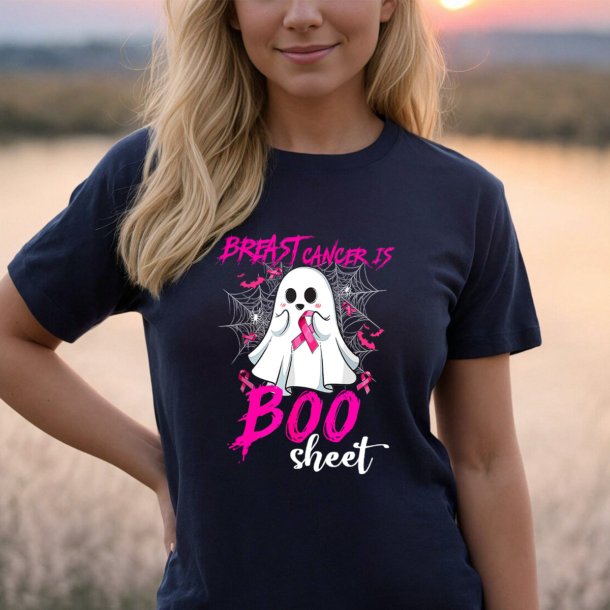 Teesdily | Pink Ribbon Breast Cancer Is Boo Sheet Shirt, Cute Halloween Ghost Boo Sweatshirt, Cancer Survivor Hoodie Mug