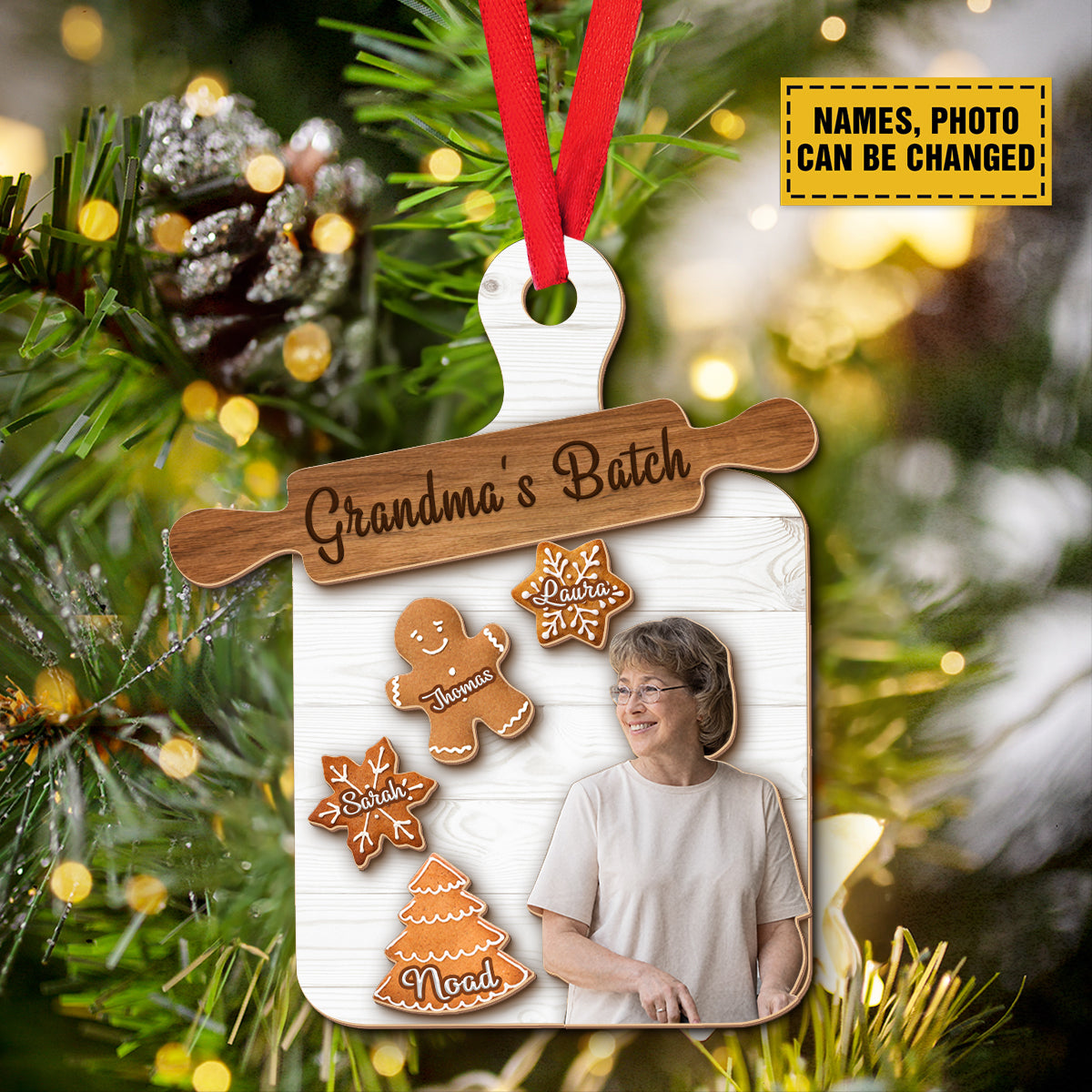 Teesdily | Custom Grandma Mom Cookie Board Christmas Ornament, Christmas Gingerbread Cookie Snowflake 2 Layered Wood Ornament 2024