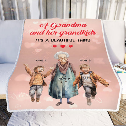 Teesdily | Customized Mothers Day Fleece Blanket Grandma And Her Grandkids It's A Beautiful Thing Throw Blanket Grandmother Family Keepsake Gifts