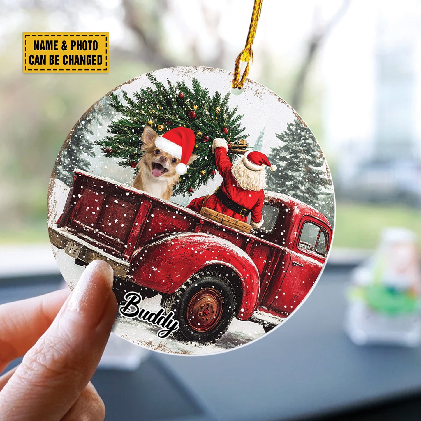 Teesdily | Chihuahua Dog Red Truck Car Ornament, Customized Dog Christmas Ornament, Dog Mom Ornament, Dog Lover Gift, Christmas Decoration