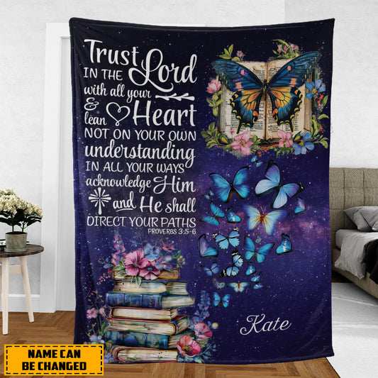 Teesdily | Customized Trust In Lord With All Your Heart Jesus Blanket, Book Butterfly Flower Throw, Bookaholic Jesus Lover Gift