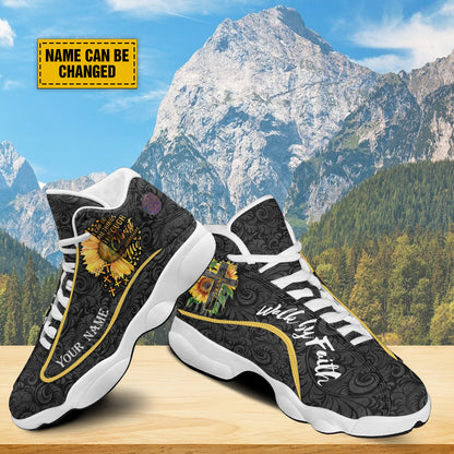 Teesdily | Sunflower Walk By Faith Personalized Basketball Shoes, I Can Do All Things Through Shoes With Thick Soles, Spiritual Gifts For Women