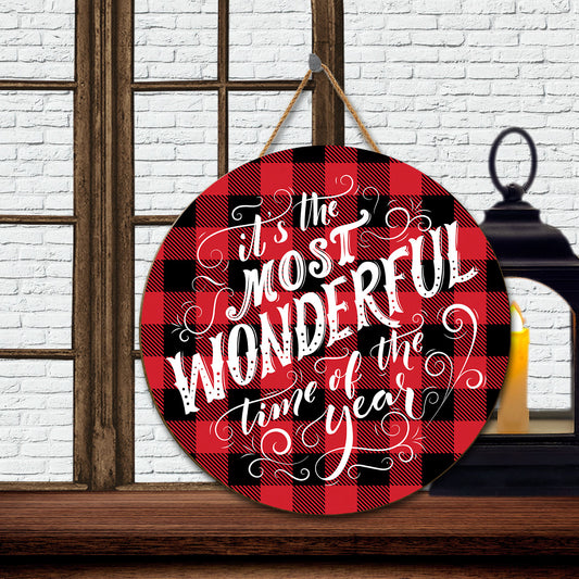 Teesdily | It's The Most Wonderful Time Of The Year Christmas Quote Wood Sign Plaid Pattern Round Home Sign House Office Decor Christmas Gift