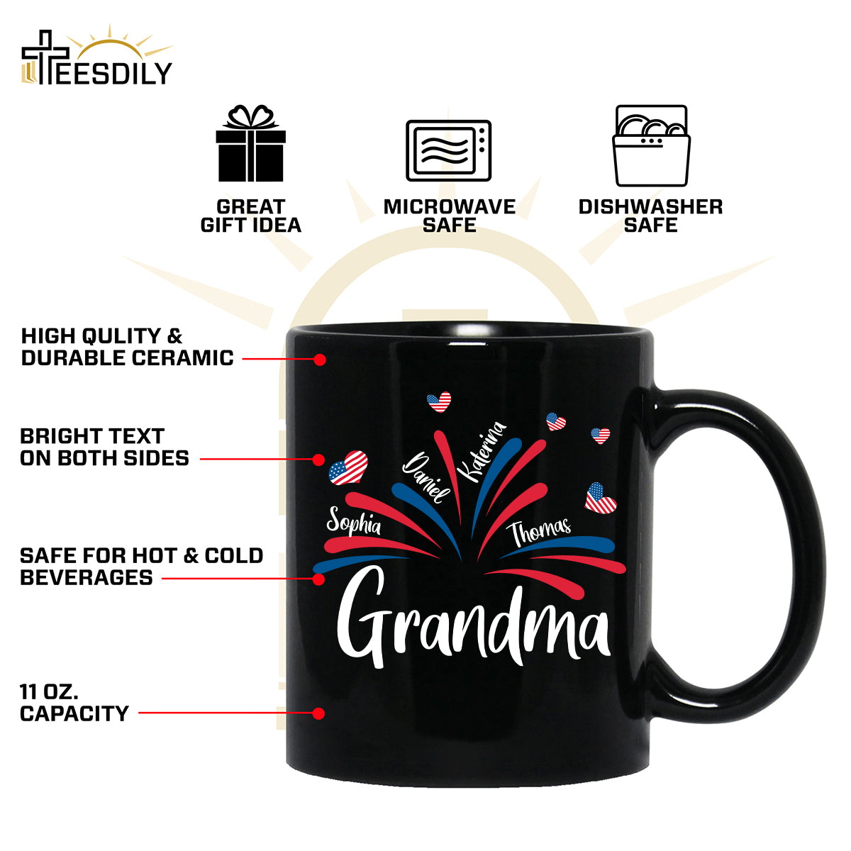 Teesdily | Customized Grandma American Flag Shirt, Fireworks Heart Mom Sweatshirt, Mama And Kids T-Shirt, Mom Papa Mug Cup, Independence Day Gifts