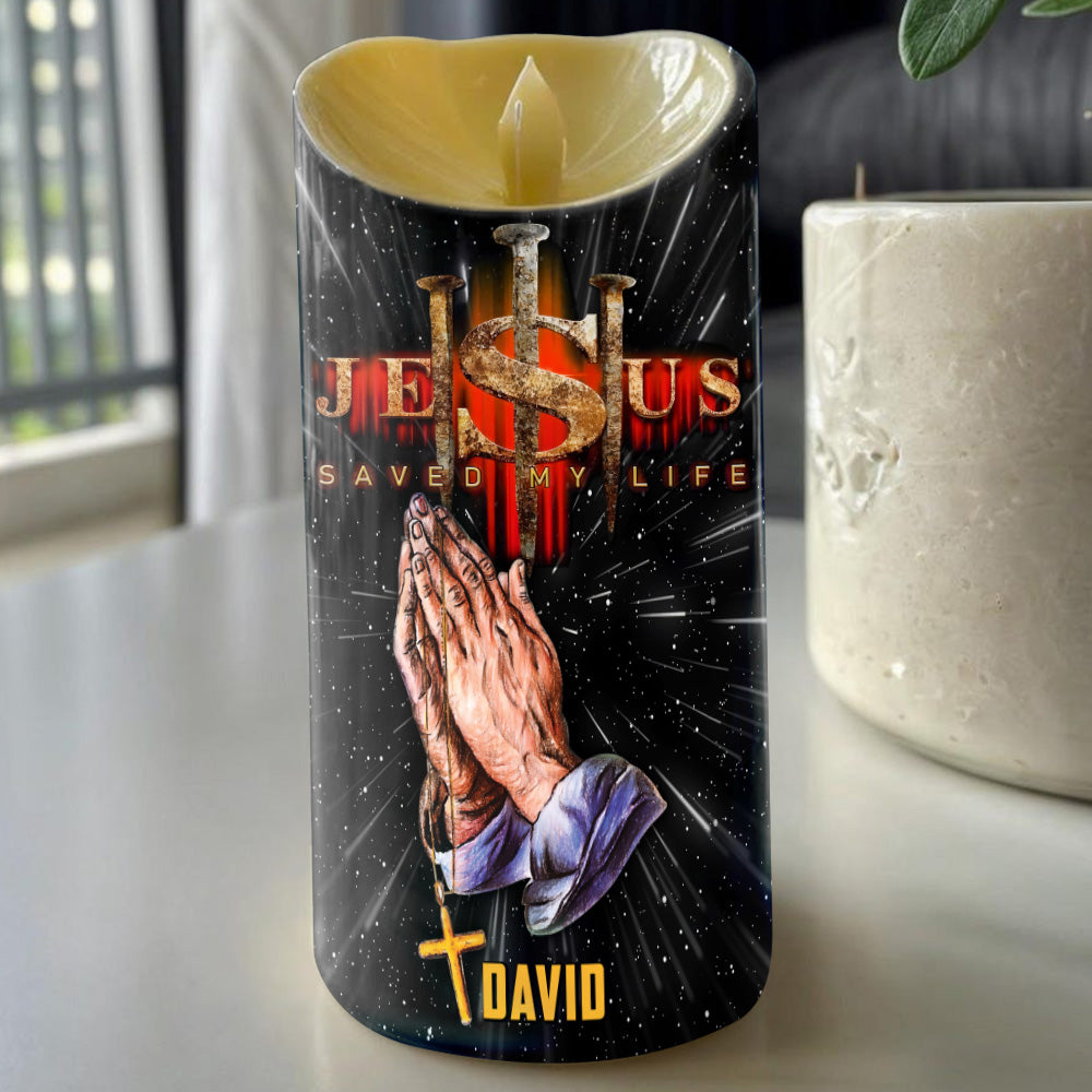 Teesdily | Personalized Jesus Pray LED Candle, Jesus Is My Savior Candle, Religious Christmas Decor, Faith Cross Catholic Gift