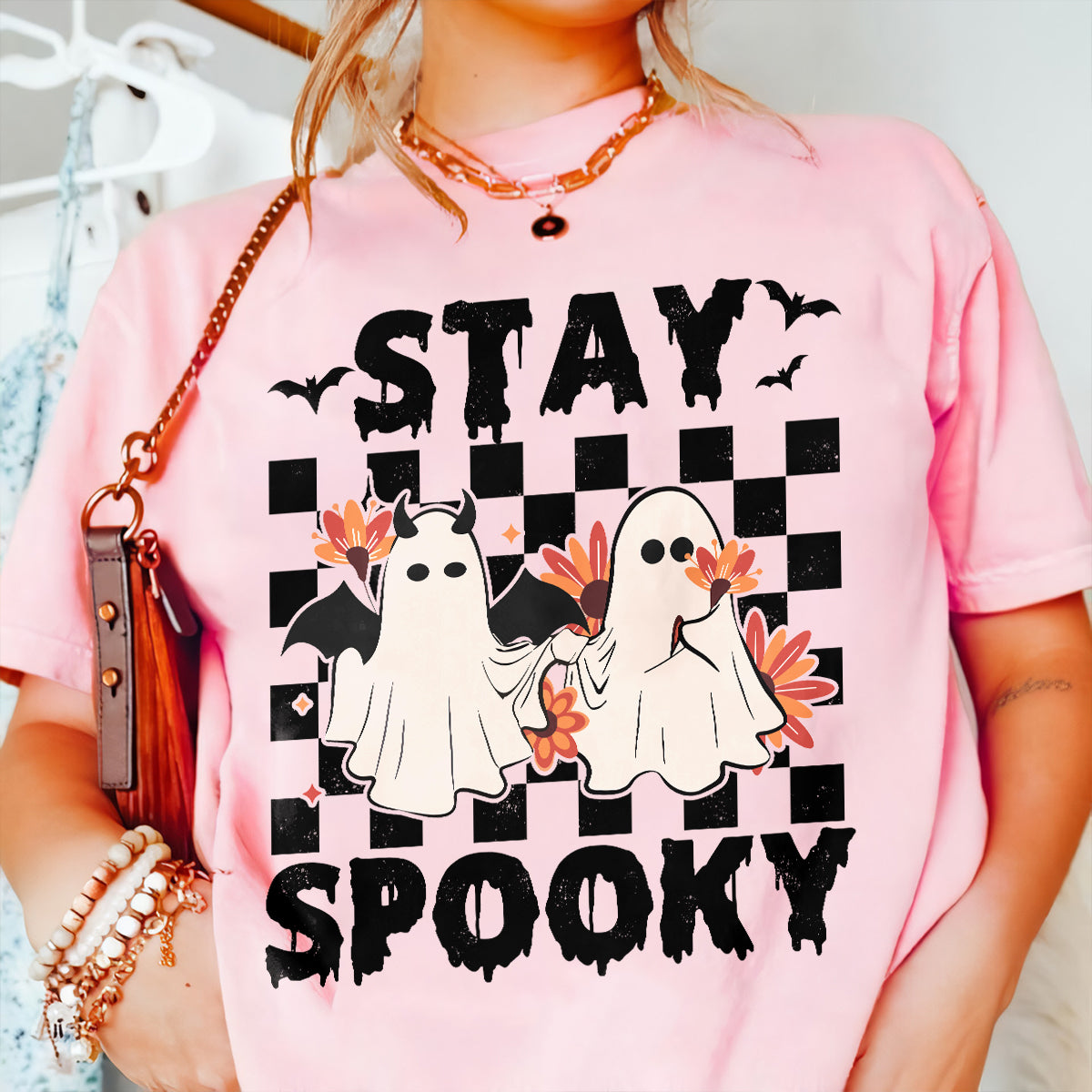 Teesdily | Cute Ghost Halloween Shirt, Stay Spooky Happy Halloween Tee Sweatshirt Hoodie Mug, Halloween Gifts, Spooky Retro Ghost Tee