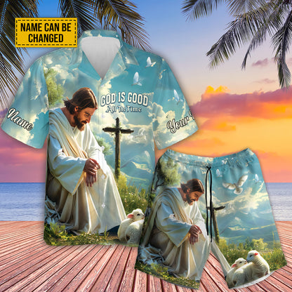 Teesdily | Customized Jesus And Lambs Hawaiian Shirt, God Is Good All The Time Hawaii Shirt, Lamb Of God Summer Aloha Set, Christ Religious Gifts