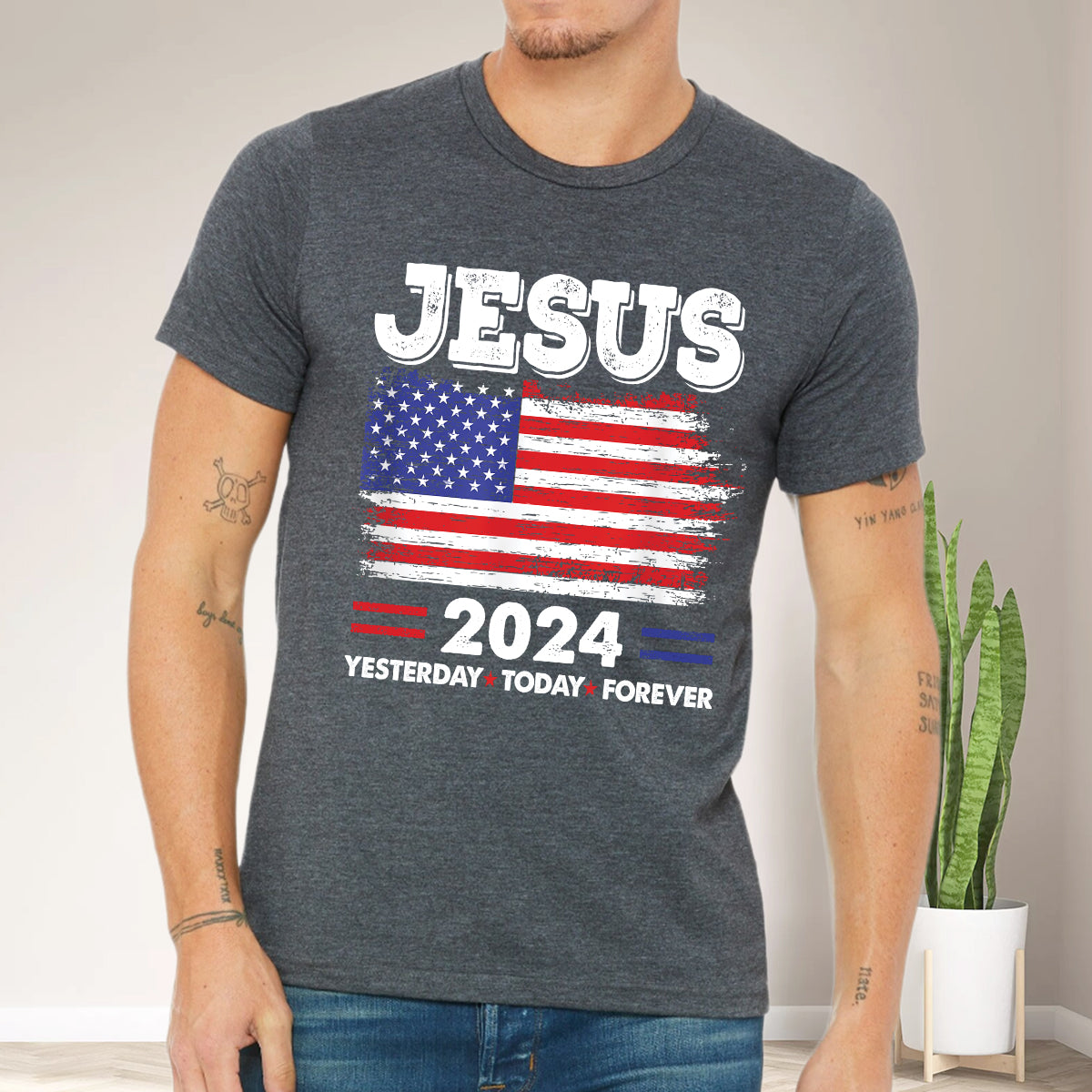 Teesdily | Jesus American Flag Shirt, Jesus 2024 Yesterday Today Forever Tee Sweatshirt Hoodie Mug, Christian American Patriotism Gifts