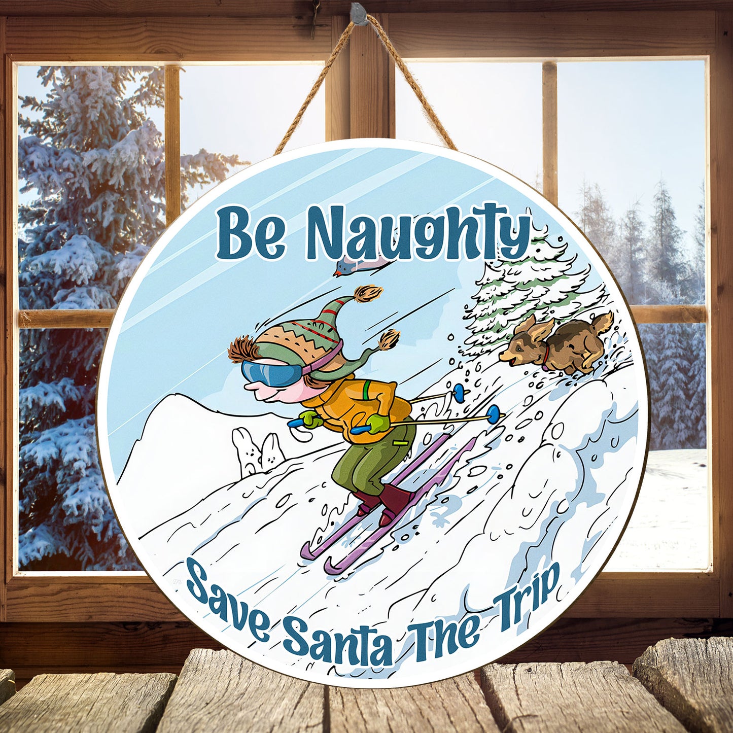 Teesdily | Christmas Skiing Wood Sign, Be Naughty Save Santa The Trip Wood Sign, Christmas Home Seasonal Decor, Family Door Sign, Xmas Gifts