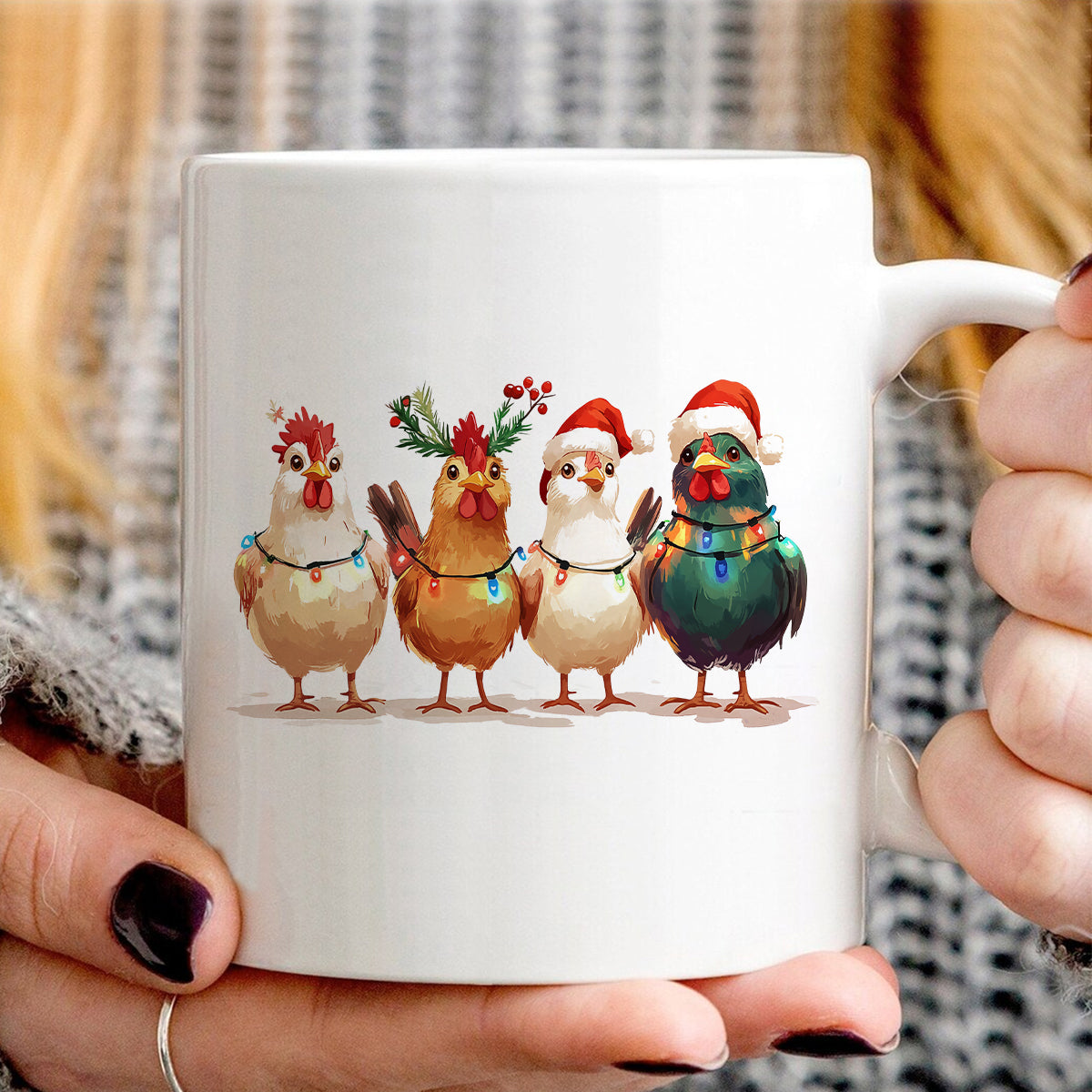 Teesdily | Christmas Chicken Light Shirt, Santa Chicken T-shirt, Farm Animal Sweatshirt, Christmas Farm Hoodie Mug, Chicken Lover Gift