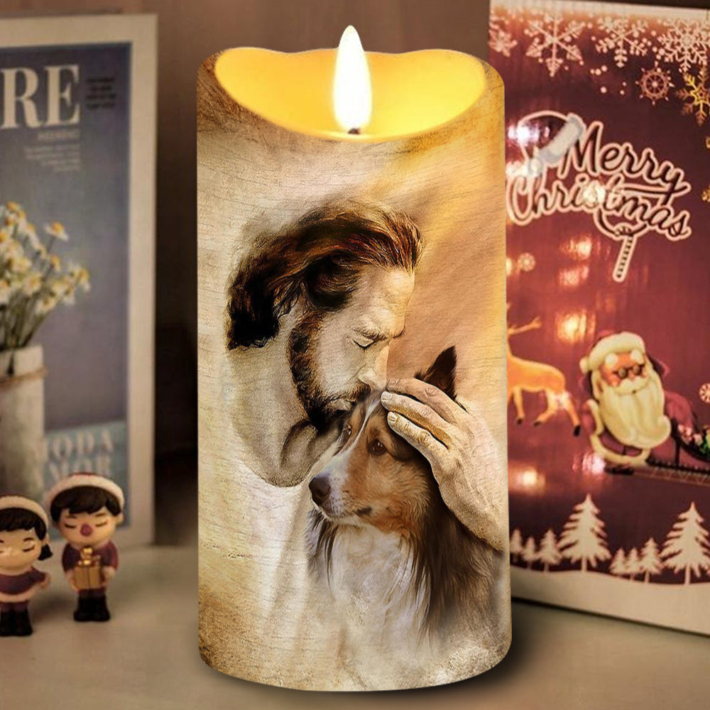 Teesdily | Customized Jesus With Dogs Memorial Led Candle, Pet Sympathy Gift, Dog Mom Gift, Memorial Dog Led Candle