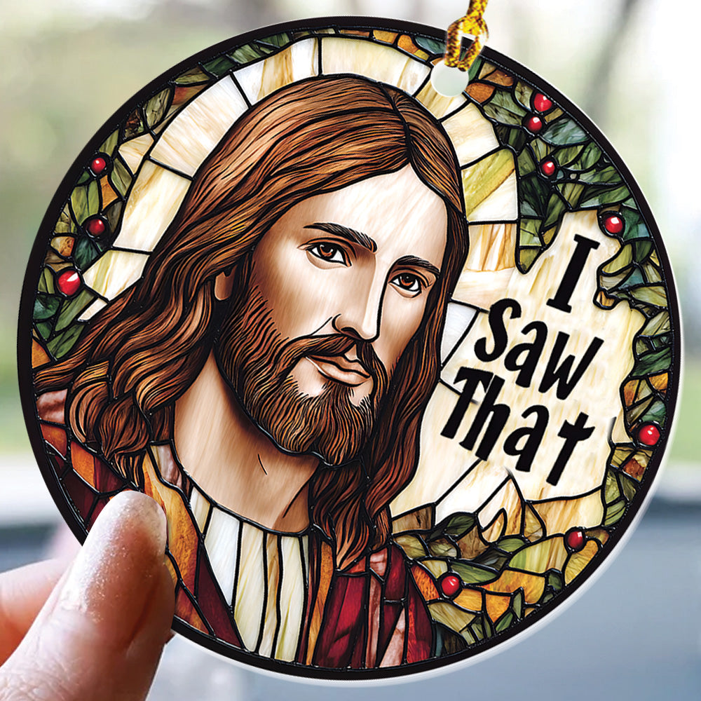 Teesdily | I Saw That Funny Jesus Ornament 2024, Jesus Christ Stained Glass Printed Ornament, Christmas Gift Decor