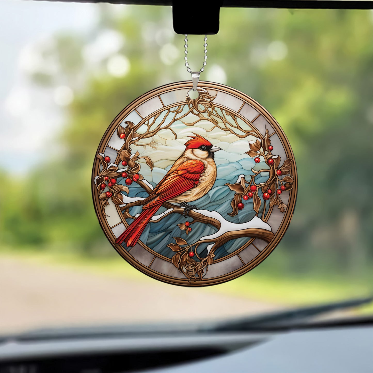 Teesdily | Cardinal Stained Glass Print Ceramic Ornament, Cardinal Bird Art Acrylic Ornament, Jesus Christ Theme Car Ornaments, Christmas Gifts