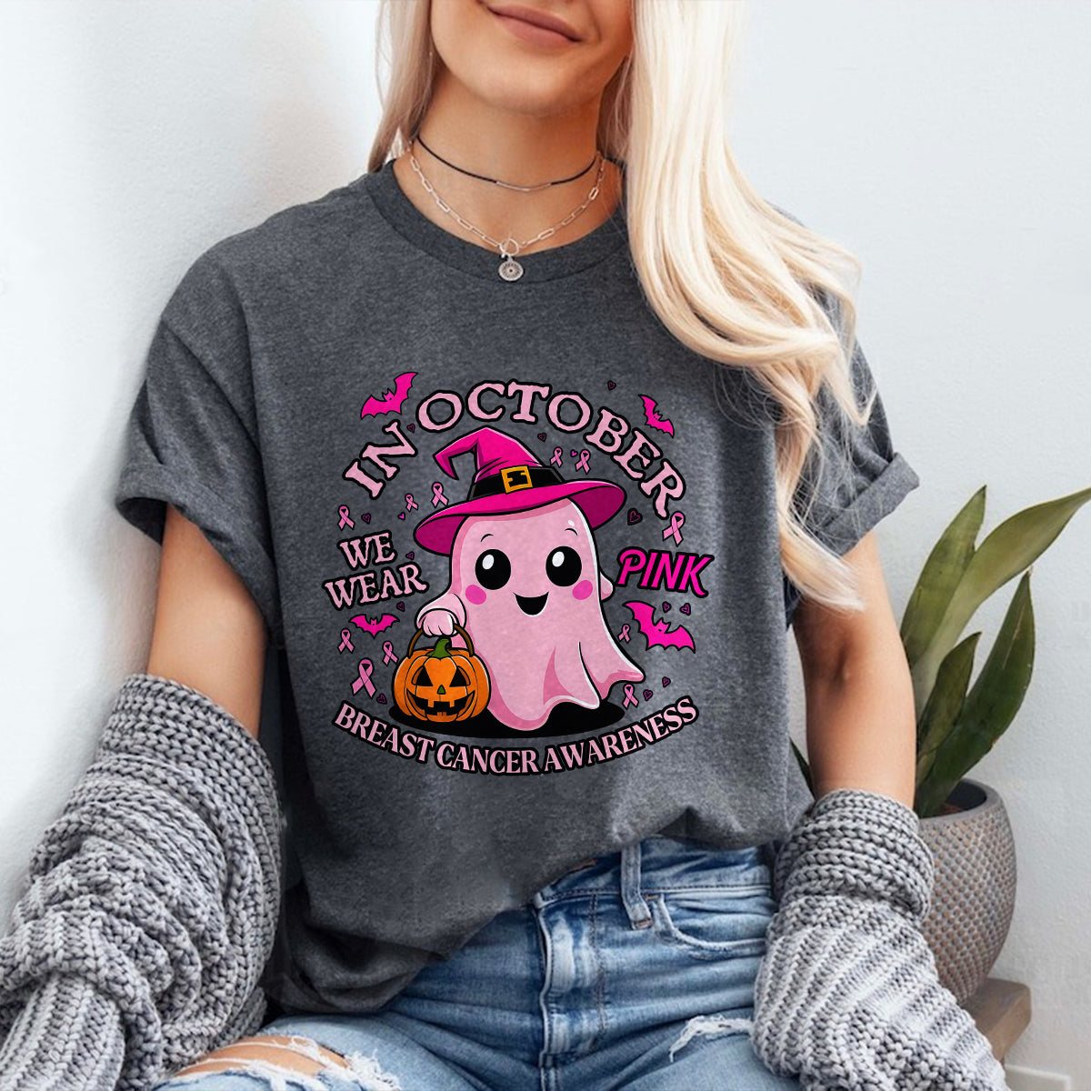 Teesdily | Cute Ghost Breast Cancer Awareness Shirt, In October We Wear Pink Tee Sweatshirt Hoodie Mug, Breast Cancer Support Warrior Gift