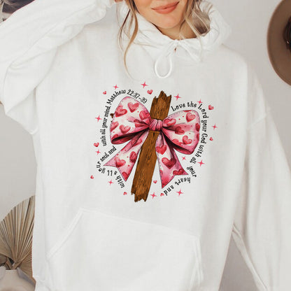 Teesdily | Jesus Cross Bow Shirt, Pink Bow Coquette Valentine Sweatshirt, Love The Lord Your God With All Your Heart Hoodie Mug