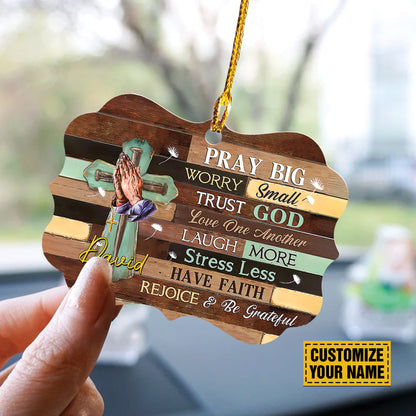 Teesdily | Customized Jesus Cross Hands Praying Ornament, Pray Big Worry Small Trust God Love One Another Ornaments Jesus Lovers Gifts, Christmas Decoration