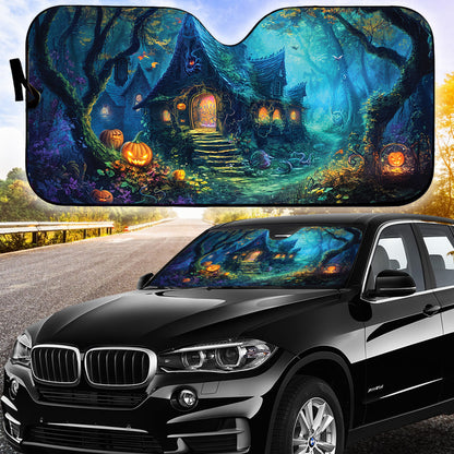 Teesdily | Halloween Hanted House Car Sunshade, Pumpkin Halloween Auto Sunshade, Witch House Garden Car Windshield Sunshade, Halloween Decoration