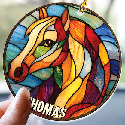 Teesdily | Personalized Horse Ornament, Christmas Horse Stained Glass Printed 2D Ornament, Horse Lover Gift Christmas Decor