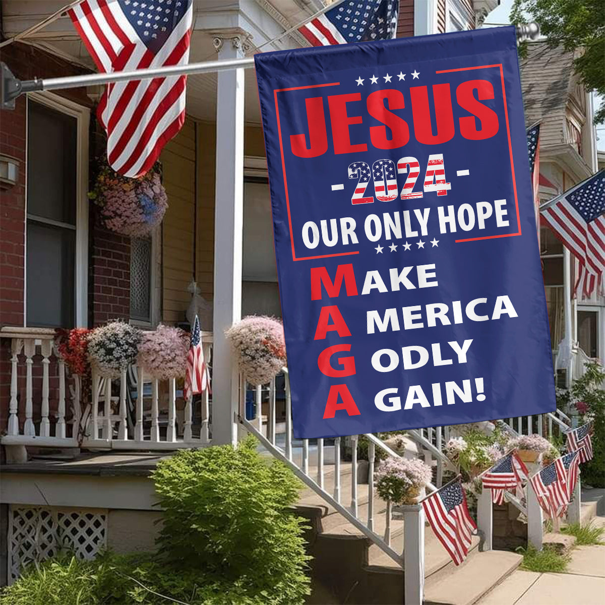 Teesdily | American Flag Jesus Christ House Flag, Jesus 2024 Our Only Hope Make America Godly Again Garden Flag, Patriotic Flag, Outdoor Decor Gifts