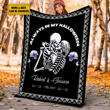 Teesdily | Skeleton Couple Custom Name Blanket Skeleton Halloween Throw Blankets Gothic Spooky Blanket Halloween Valentines Day Christmas Decor