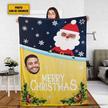 Teesdily | Merry Christmas Custom Photo Throw Blanket Santa Claus Gift Sherpa Fleece Blanket With Picture Funny Christmas Gift For Family Friends