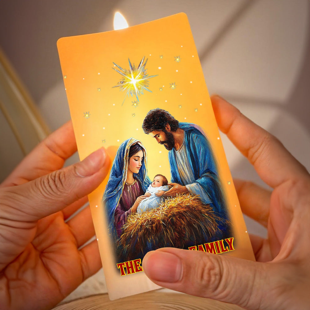 Teesdily | Personalized Holy Family LED Candle, Christmas Jesus Christ Our Lord LED Candle, Religious Home Decor Christmas Gift