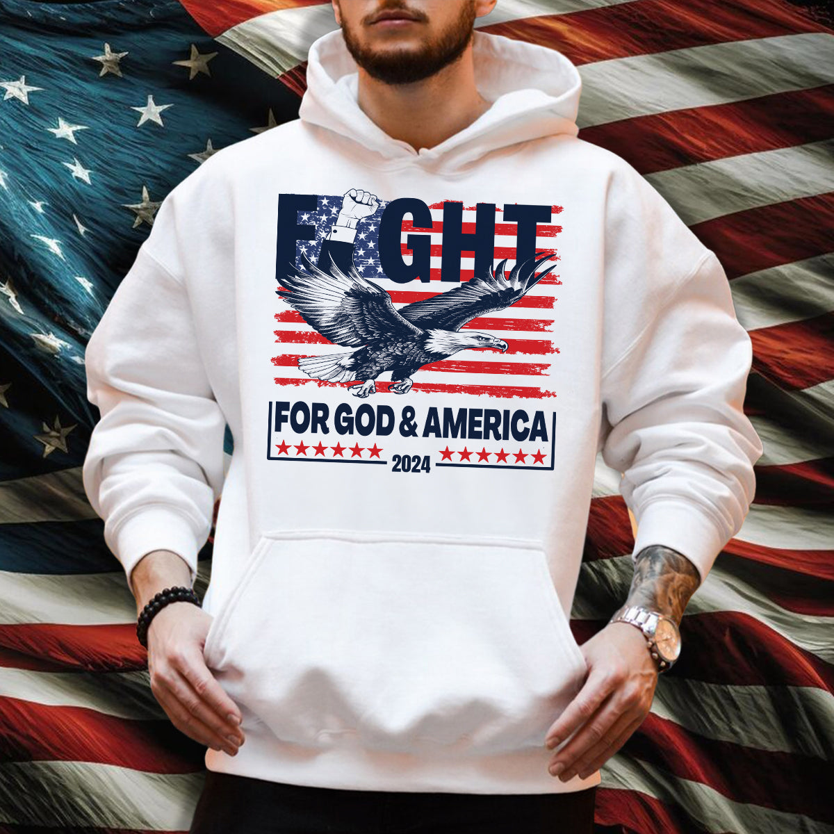 Teesdily | Eagle Fight 2024 American Flag Shirt, Fight For God And America Sweatshirt Hoodie Mug, Patriot T-shirt, American Pride Gifts