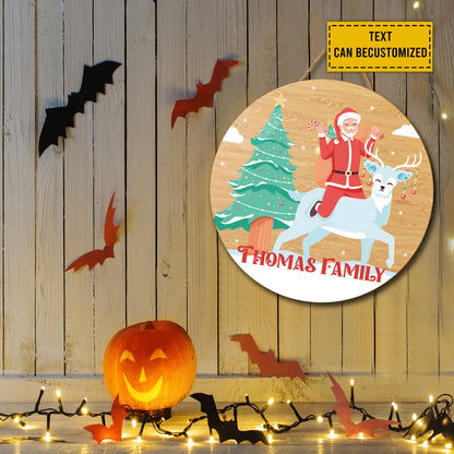 Teesdily | Customized Family Name Santa Claus Riding Reindeer Christmas Wood Sign Merry Christmas Candy Cane Christmas Tree Home Decor