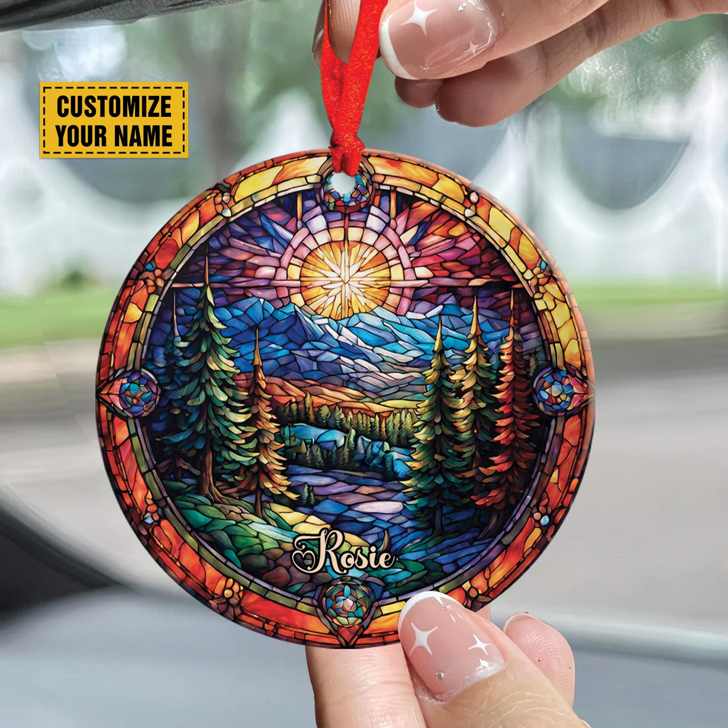 Teesdily | Customized Christmas Tree And The Sun Stained Glass Art Design Circle Ceramic Ornament, Christmas Acrylic Ornament, Jesus Lovers Gifts