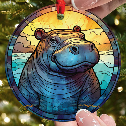 Teesdily | Stained Glass Art Hippo Ceramic Ornament, Hippopotamus Christmas Ornament, Xmas Gift Ornament, Cute Baby Hippo Gift